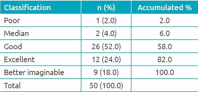 Classification of the usability by users of the computarized system, according to the System Usability Scale (n=50).