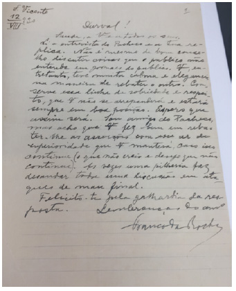 Carta de Franco da Rocha para Durval Marcondes em 1930, abordando as discuss&otilde;es entre Pacheco e Durval