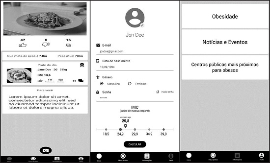 Telas de metas e gráfico de peso, avaliação de prato, cálculo do IMC
                            e informações gerais do protótipo de baixa fidelidade