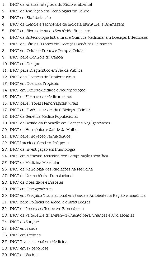 Relação dos 39 Institutos Nacionais de Ciência e Tecnologia (INCT) da Área da Saúde, conforme ordem alfabética