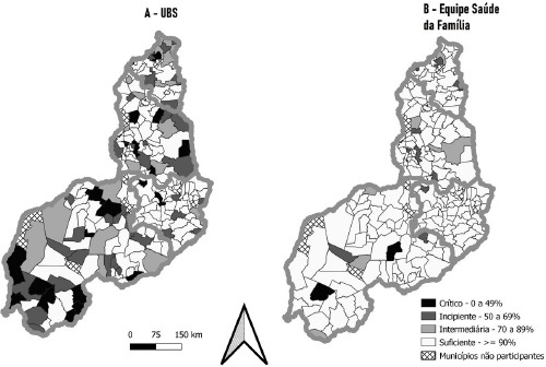 Distribui&ccedil;&atilde;o dos munic&iacute;pios segundo a categoria de disponibilidade de estrutura das UBS e das atividades das equipes de Sa&uacute;de da Fam&iacute;lia no Piau&iacute;. PMAQ &ndash; III Ciclo (2015-2017). Piau&iacute;, Brasil, 2021