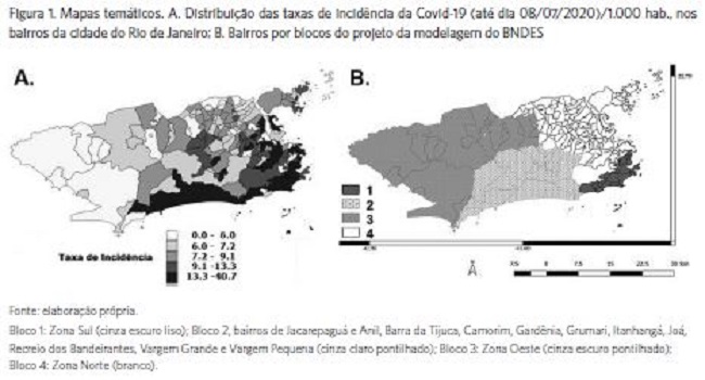 Mapas temáticos. A. Distribuição das taxas de incidência da Covid-19 (até dia 08/07/2020)/1.000 hab., nos bairros da cidade do Rio de Janeiro; B. Bairros por blocos do projeto da modelagem do BNDES