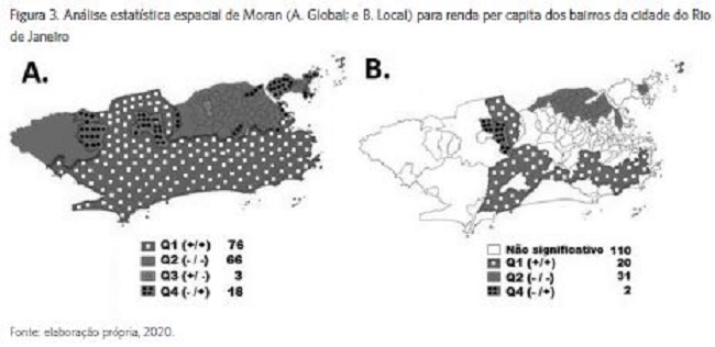 Análise estatística espacial de Moran (A. Global; e B. Local) para renda per capita dos bairros da cidade do Rio de Janeiro