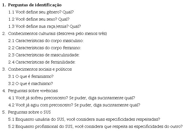 Instrumento utilizado na disciplina &lsquo;G&ecirc;nero e Sa&uacute;de&rsquo;