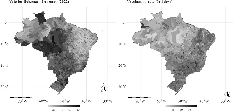 Bolsonaro&rsquo;s voting map and the map of vaccination coverage with at
							least the third dose