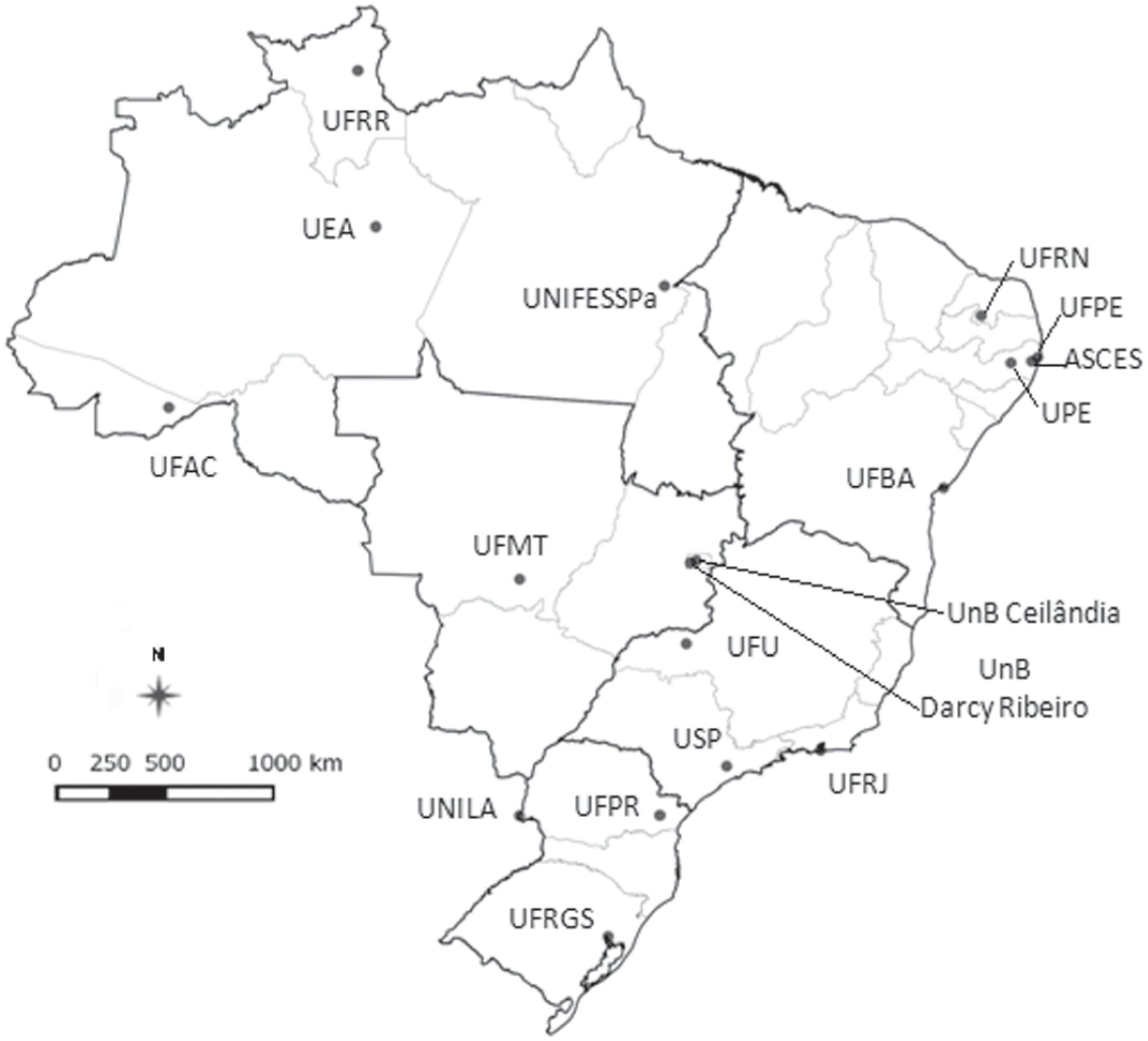 Distribuição das instituições de ensino superior com cursos de graduação em saúde coletiva em funcionamento no Brasil em 2014, por estados e regiões