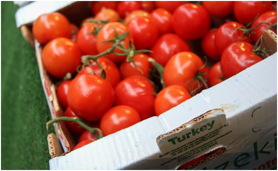 Caja de tomates importados de Turqu&iacute;a, verduler&iacute;a de Marxloh (Duisburgo, Alemania). Registro: Pablo Mardones (02/2019)