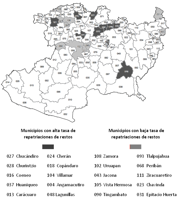 Municipios de Michoacán con altas y bajas tasas de traslados de occisos