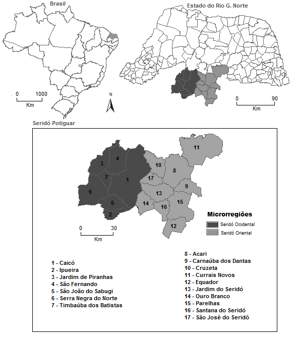 Localização do Seridó Potiguar, Rio Grande do Norte e municípios das microrregiões do Seridó Ocidental e do Seridó Oriental - 2010.