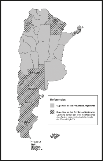 Mapa de la Rep�blica Argentina durante la primera d�cada del siglo XX. Superficies de las primeras provincias constituidas y de los Territorios Nacionales.