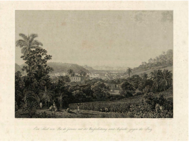 Thomas Ender, “Vista da Colina Mata Cavalos, em direção ao aqueduto do Rio de Janeiro”, 1828, água forte. 