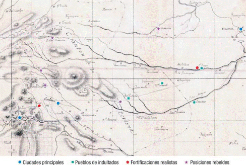 Posiciones realistas e insurgentes en la ruta por Orizaba del Camino Real.