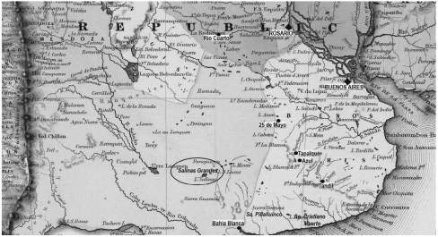 Frontera de Buenos Aires y ubicaci&oacute;n de los principales sitios aludidos.