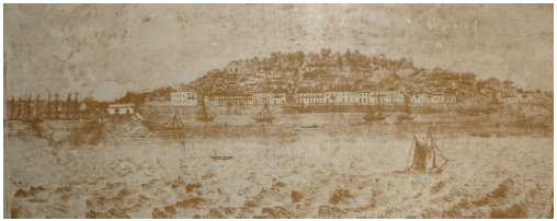 Grabado de la ciudad de Angostura sobre el r�o Orinoco en el siglo XIX