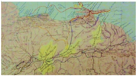 Mapa de Venezuela con las campa�as de los ej�rcitos independentistas en los a�os 1815, 1816, 1817 la l�nea azul representa la campa�a de Manuel Piar en 1817.