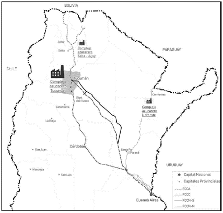 Complejos azucareros de Argentina y l�neas f�rreas troncales que conectaban a la regi�n noroeste con las principales ciudades y plazas comerciales