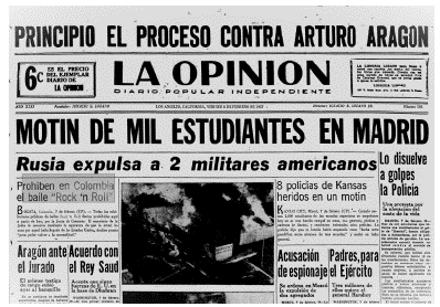 Portada del diario La Opini�n, de Los �ngeles California, donde se menciona la prohibici�n del Rock and Roll en Colombia.1957.29