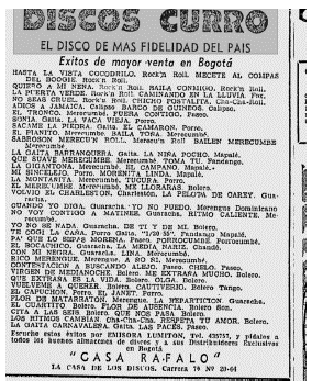 Lista de discos m�s vendidos en Bogot�. N�tese que los primeros 4 lugares los ocupan canciones de Rock and Roll. 