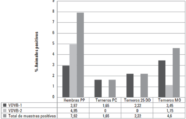 Porcentaje de bovinos positivos por RT-PCR al VDVB y VDVB-2 en fincas de la regi&oacute;n de Santander. PP: Preparto, PC: Precalostral, 25DD: 25 d&iacute;as despu&eacute;s de nacidos, MO: Muesca de oreja.