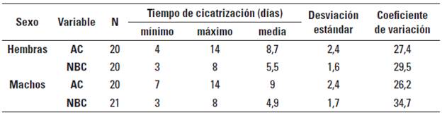 Estad&iacute;sticos descriptivos para los d&iacute;as de cicatrizaci&oacute;n de perros operados con AC y NBC. (N=N&uacute;mero de individuos).