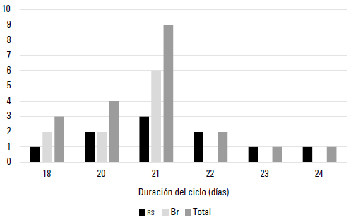 Distribución promedio de la duración del ciclo estral en las razas RS y Br