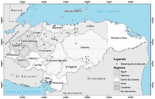 Distribución de sistemas lecheros encuestados en los departamentos de Atlántida, Colón, Comayagua, Copan, Cortes, El Paraíso, Francisco Morazán, Lempira, Olancho, Santa Barbara, Valle y Yoro de Honduras