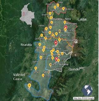 Geographical distribution of the provinces and municipalities included in the study area.