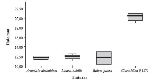 Distribuição dos halos (mm) de inibição da clorexidina 0,12% e das tinturas de Artemisia absinthium, Laurus nobilis e Bidens pilosa na concentração de 15%. Criciúma, SC, 2015.
