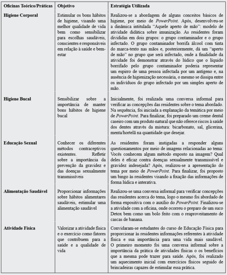 Descrição das oficinas pedagógicas teórico/práticas. Santiago, RS, 2015.