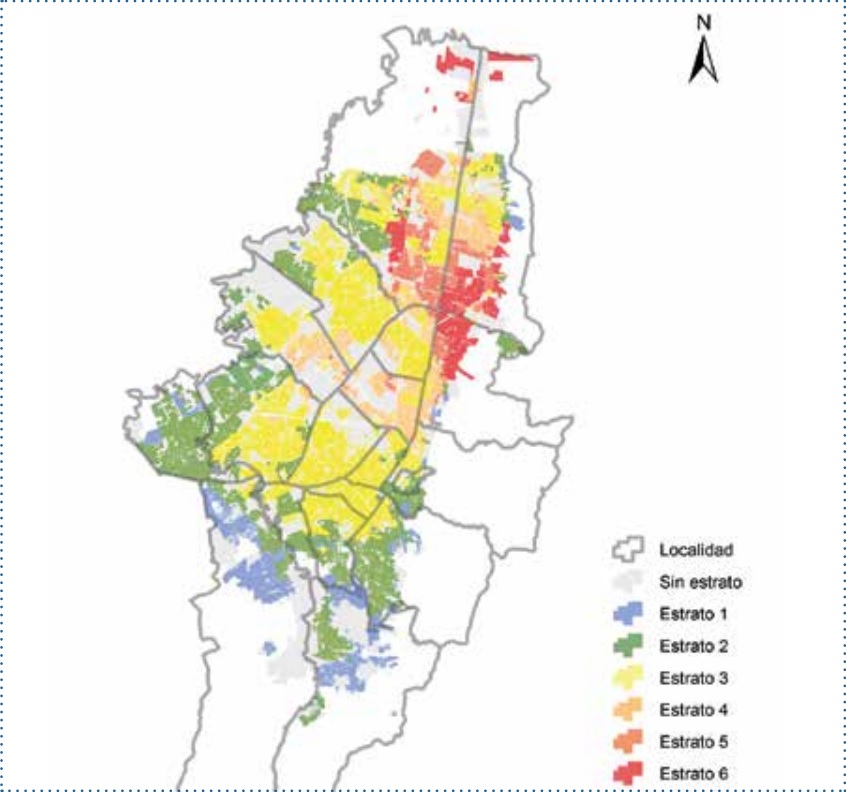 Distribución espacial de la estratificación en la zona urbana de Bogotá DC, 2015.