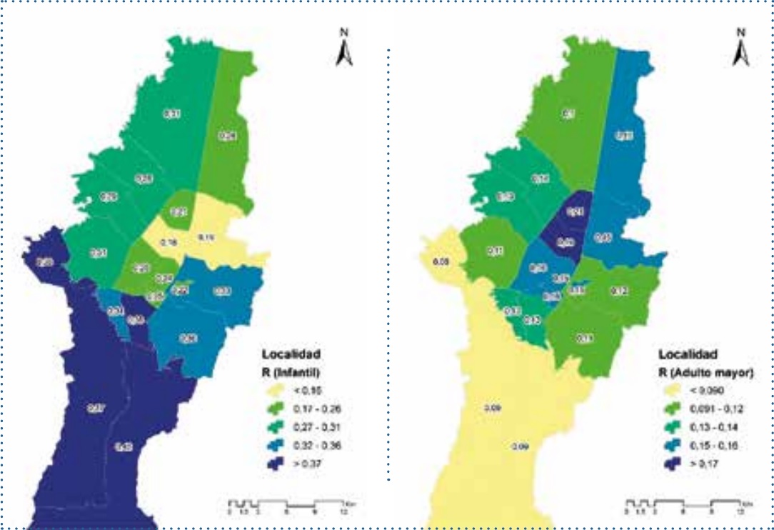  Razones  de  dependencia
 por
 localidad
 en el área
 urbana de  Bogotá  según EM 2014, a la  izquierda  las  razones de dependencia infantil y a la derecha  las razones de dependencia del adulto mayor.