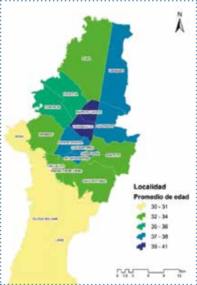 Distribución espacial del promedio de  edad por  localidad (área urbana) según datos de EM 2014