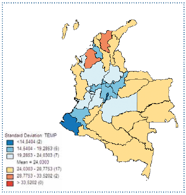 Mapa de desviaciones típicas para la temperatura promedio, periodo de 2015, por departamentos en Colombia.