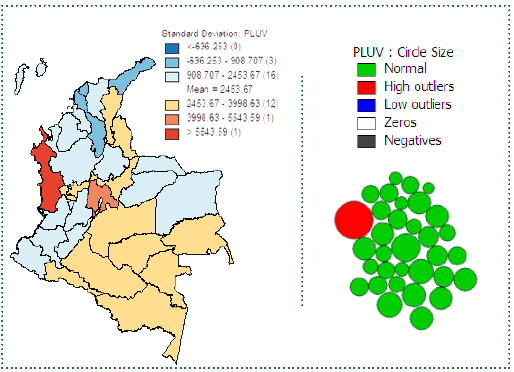 Cartograma de pluviosidad promedio,
periodo de 2015, por departamentos en Colombia.