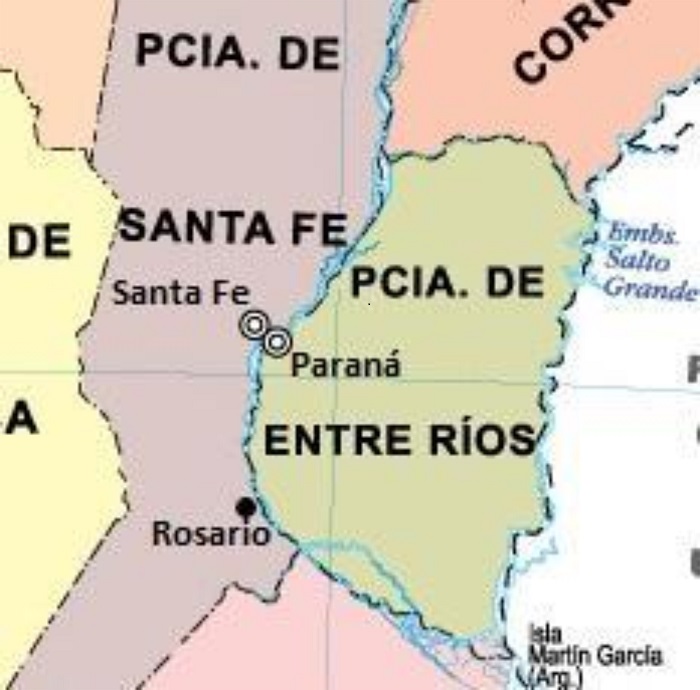Mapa político de las provincias de Santa Fe y Entre Ríos.
