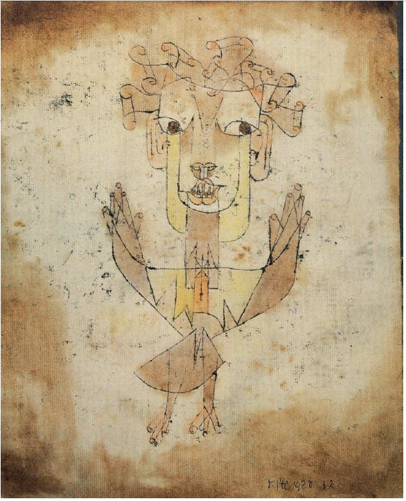Angelus Novus. 31,8 x 24,2cm. Paul Klee (1920). Nanquim e pastel aquarelado sobre papel. Acervo do Museu de Israel, Jerusalem.