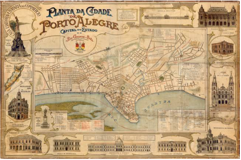 Planta da Cidade de Porto Alegre elaborada em 1906 pelo cart&oacute;grafo &iacute;talo-brasileiro Attilio Alberto Trebbi. Daniela Fialho (2016) analisou sua moldura ilustrada com edifica&ccedil;&otilde;es da &eacute;poca, observando que seu "conte&uacute;do desvela uma Porto Alegre semeada pelos ide&aacute;rios da pol&iacute;tica positivista enaltecendo equipamentos urbanos reveladores daquela forma de pensar a cidade e a sociedade&rdquo;. Acervo do IHGRGS