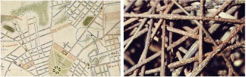 Fragmento da Planta da cidade de Porto Alegre de Attilio Trebbi (1906) ao lado de fragmento de trama de cip&oacute; confeccionada pelos Kaingang e instalado nas ruas de Porto Alegre, em 2005. Alegoria da Cidade Ch&rsquo;ixi.