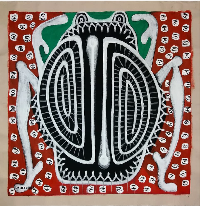 O Parto de Makunaima. Jaider Esbell. 2018. 90 x 90 cm. Acr&iacute;lica e marcador &agrave; base d&rsquo;&aacute;gua. Uma das 12 telas da s&eacute;rie Transmakunaima - o buraco &eacute; mais embaixo, narrando as andan&ccedil;as de Makunaima, afetuosamente um av&ocirc;, cheio de netos, sendo o pr&oacute;prio artista um deles, que brotam de Wazak&rsquo;&aacute;, &Aacute;rvore da Vida, se espalhando da Raposa Serra do Sol pela cidade de Boa Vista e al&eacute;m, dilatando os horizontes do enorme espa&ccedil;o Panamaz&ocirc;nico circumroraimense (Cole&ccedil;&atilde;o particular da autora).