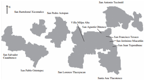 Distribuci&oacute;n de los poblados en la delegaci&oacute;n Milpa Alta