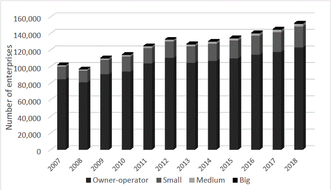 Historic number of road freight transport enterprises according to the type of enterprise