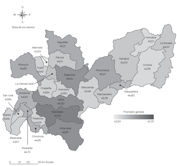 Promedio de los puntajes de las Pruebas Saber // entre 2008-/y 20/2-2 por municipio en el departamento de Caldas