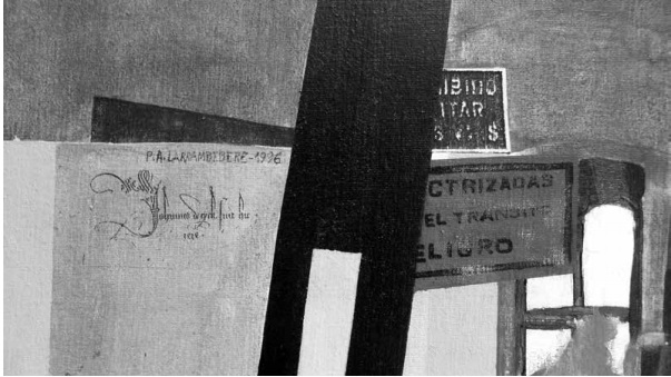 Patricio Larrambebere. Dr. L. M. Drago, con barreras averiadas. Detalle de la firma del artista