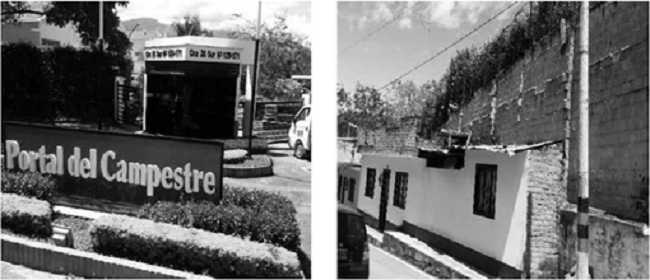 Comuna 9, Ibagu&eacute;. Zona urbana. Conjuntos cerrados de &eacute;lite -Portal del campestre, Izquierda- vs. casas poblaci&oacute;n Ingresos bajos -Bello Horizonte, derecha-.