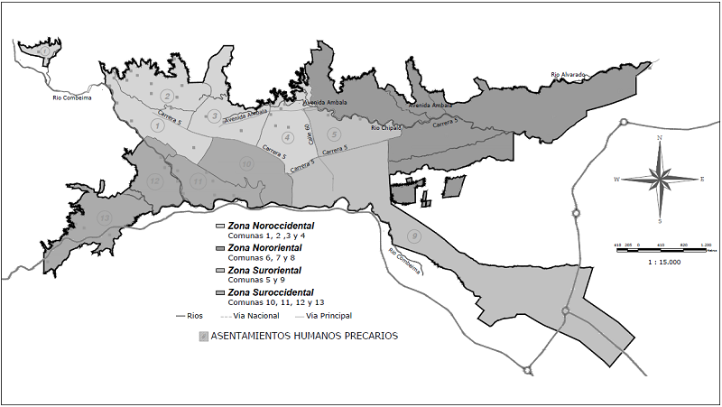 Localizaci&oacute;n de barrio autoconstruidos de origen informal, Ibagu&eacute;.