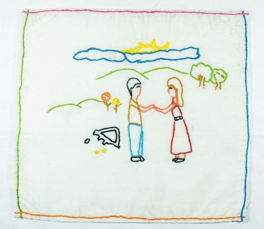 Darse las manos Pieza bordada elaborada por habitante de la vereda San Jos� de Le�n Mutat� 2019