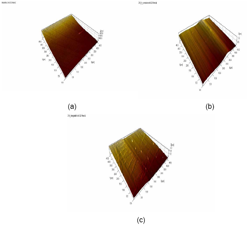 Microscop&iacute;a de fuerza at&oacute;mica: a) Acero base, b) Acero
sometido a corrosi&oacute;n, c) Acero sometido a desgaste.