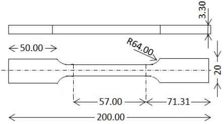 Samples for tensile tests (dimensions in mm) [11].