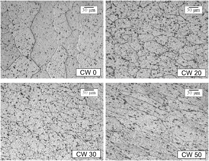 Optical micrographs of AA6105 samples with different percent
cold work, etched HF 2 %, magnification 100X.