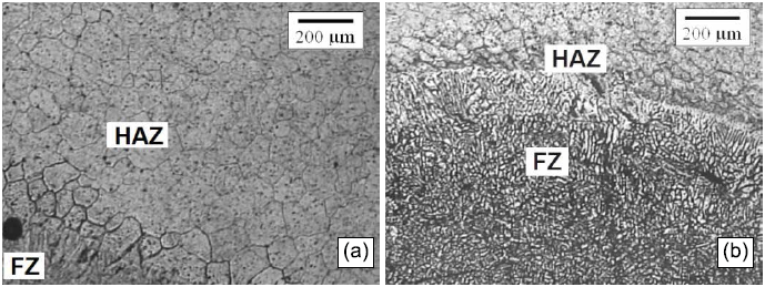 Optical micrographs of HAZ and FZ: a) sample 8 (50 % CW, I
140 A, S 223 mm/min), b) sample 9 (50 % CW, I 150 A, S 259 mm/min), etched HF
2%, magnification 50X